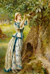 Romantismus: "Schránka na dopisy lásky" Mladá žena zanechá v kmeni stromu dopis pro svého milého. Obraz Arthura Hopkinse (1848-1930)