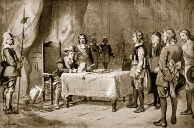Švýcarští vyslanci před Cromwellem, ilustrace z „Hutchinsonova příběhu britského národa“, kolem roku 1923
