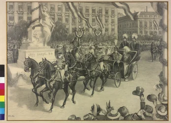Stěhování císaře Viléma II. a císaře Františka Josefa I. v Budapešti 1897 (kresba tužkou)