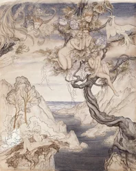 A Fairy Song, nakreslený pro dějství II, scéna ii, ze Sen noci svatojánské (pero a inkoust a wc na papíře)