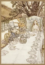 Šílený čajový dýchánek, z Alenčina dobrodružství v říši divů, Lewis Carroll, hospoda. 1907 (barevné lito)