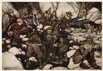Společnost podivně vyhlížejících osob hrajících na kuželky, od Rip Van Winkle od Washingtona Irvinga, hospoda. 1910