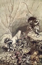 „Alberich přivádí skupinu Nibelungů se zlatými a stříbrnými poklady“, 1910