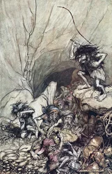 Alberich jede ve skupině Niblungů obtěžkaných zlatým a stříbrným pokladem. Ilustrace pro The Rhi