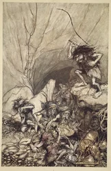 Albrecht přivádí skupinu Nibelungů se zlatými a stříbrnými poklady, z „Rýnského zlata a Valkýry“