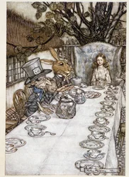 Alice bere "" v bláznech""" (Kloboučník a Mars Lievre) - v ""Dobrodružství Alenky v říši divů"", Lewis Carroll, nemocný. od Arthura Rackhama (1867-1939)