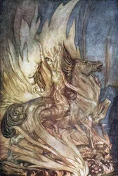 Brünnhilde on Grane skočí na pohřební hranici Siegfrieda. Ilustrace pro Siegfried and The Tw