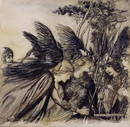 Brunnhilde Implores the Valkyries, ilustrace z The Rhinegold and the Valkyrie, od Richarda Wagnera, vydání z roku 1910 (pero, inkoust a wc na papíře)