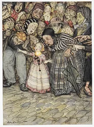 „Ale vůbec nemá nic,“ řekl malé dítě. Barevná ilustrace příběhu „Nové oblečení císaře“.