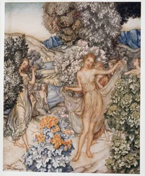 Pojďte, umírněné nymfy, a pomozte oslavit smlouvu opravdové lásky, ilustrace z William Shakespeares The Tempest, hospoda. 1926