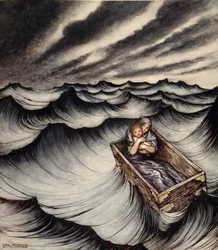 Danae pevně tleskala své dítě, ilustrace z „Zázračné knihy pro dívky a chlapce“ od Nathaniela Hawthorna