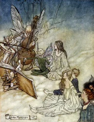 Elfové hrají hudbu Ilustrace Arthura RACKHAMA (1867-1939) pro Sen letní noci od Williama SHAKESPEARE