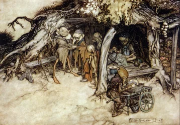 Elfové vyrábějí sako, Ilustrace Arthur RACKHAM (1867-1939) pro Sen letní noci od Williama SHAKESPEARE