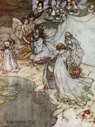 Elfové vyrábějí růžový náhrdelník. Ilustrace Arthur RACKHAM (1867-1939) pro Sen letní noci od Williama SHAKESPEARE