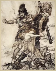 Fasolt náhle uchvátí Freiu a odtáhne ji stranou s Fafnerem, ilustrace z 