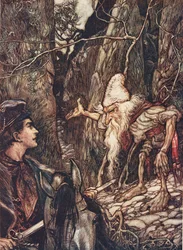Dobrý trpaslíku, nemůžeš mi říct, kde jsou moji bratři? z Pohádek bratří Grimmů, hospoda. 1909