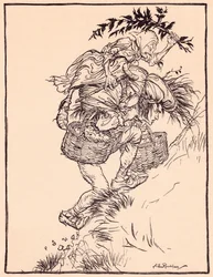 Neustále sténal a vyšplhal na horu. Ilustrace Arthura Rackhama z Grimmovy pohádky Husí dívka u studny.