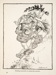 Neustále sténal a vyšplhal na horu, z knihy Bratr a sestřička a jiné příběhy bratří Grimmů, pub. 1917 (litho)