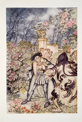 Slyšel hlasitý zvuk a viděl, jak se k němu blíží zvíře, na pohled tak děsivé, že byl připraven omdlít strachy, z hospody The Arthur Rackham Fairy Book. 1933