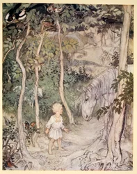 Když hleděl na koně, který hleděl na něj, mohl si pomyslet: „Chlapec nemůže vrtět ocasem, aby odehnal mouchy“, ilustrace z knihy „Irish Fairy Tales“ od Jamese Stephense, 1920