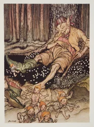 Hop-o-my-palec se tiše zvedl ke zlobrovi a zul si jeho sedmiligové boty z hospody The Arthur Rackham Fairy Book. 1933