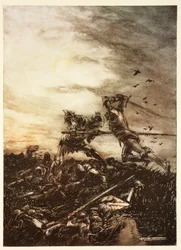 Jak byl Mordred zabit Arthurem a jak byl Arthur zraněn k smrti, ilustrace z románu Alfreda Pollarda „Romance krále Artuše a jeho rytířů kulatého stolu“