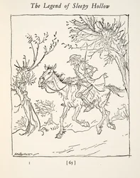 Ichabod Crane uniká před bezhlavým jezdcem, z Legendy o ospalé prohlubni od Washingtona Irvinga (1783 - 1859), hospoda. 1928