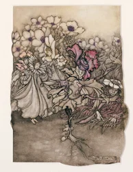 Ilustrace od Petera Pana v Kensington Gardens od J. M. Barrieho (1860-1937) 1906 (pero a inkoust s wc na papíře)