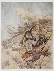 Ilustrace ze Zlatého ptáka. Princ jedoucí na lišce.