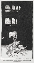 Ilustrace ze Zlatého ptáka, kdy princ unáší dívku na koni.