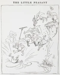 Ilustrace mužů skákajících z útesu do rybníka z filmu Malí rolníci.