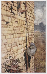 Ilustrace čarodějnice šplhající po Rapunzeliných vlasech.