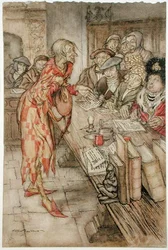 "In did come the strangest figure", ilustrace z knihy "The Pied Piper of Hamelin", Robert Browning (1812-1989), verze vydaná v roce 1929 (akvarel s perem a tuší na papíře)