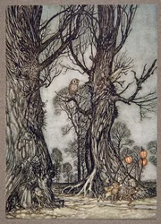 Linkmeni běžící vpředu a nesoucí zimní třešně, z knihy Peter Pan in Kensington Gardens od J. M. Barrieho (1860-1937), pub. 1906