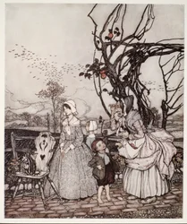 Matka a děti se vracejí ze sběru jablek, z hospody Rip Van Winkle od Washingtona Irvinga. 1910