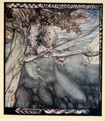 „Můj život se stal neustálým utíkáním, ranou a útěkem, břemenem a úzkostí bdělosti“, ilustrace z „Irských pohádek“ od Jamese Stephense, 1920