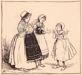 Teď už vím, proč tam ta zastrčená věc nejí. Ilustrace Arthura Rackhama z Grimmových pohádek Jednooký, dvouoký a tříoký.