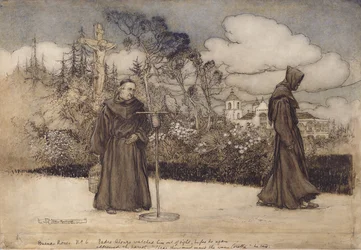 Padre Alonzo ho sledoval z dohledu, ilustrace z Good Night od Eleanor Gatesové, 1907 (pero, inkoust a wc na papíře)