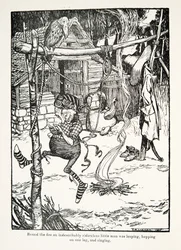 Kolem ohně skákal nepopsatelně směšný mužíček, poskakoval na jedné noze a zpíval z hospody Pohádky bratří Grimmů. 1909