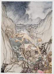 Králova loď je bezpečně v přístavu, ilustrace z Bouře Williama Shakespeara, vydáno 1926