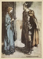 Siegfried vrací Gutrune roh a náhle na ni vášnivě pohlédne, ilustrace z filmu "Siegfried a soumrak bohů", 1924.