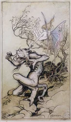Sprite and Monster, ilustrace z Tales from Shakespeare od Charlese (1775-1834) a Mary Lamb (1764-1847) 1909 (pero a inkoust, wc)