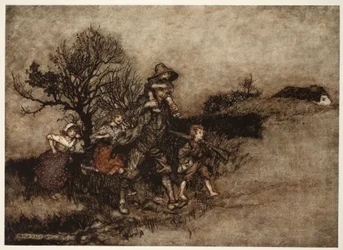 Obklopen tlupou dětí., od Rip Van Winkle od Washingtona Irvinga, hospoda. 1910