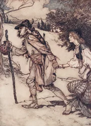 Žebrák ji vzal za ruku a vedl ji pryč z hospody Pohádky bratří Grimmů. 1909