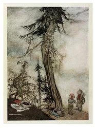 Jedle a ostružiník, ilustrace z „Ezopových bajek“, vydané nakladatelstvím Heinemann, 1912