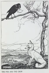 Liška a vrána, ilustrace z "Ezopových bajek", vydalo nakladatelství Heinemann, 1912 (rytina)
