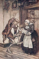 Král se radostí neudržel?., z Pohádek bratří Grimmů, hospoda. 1909