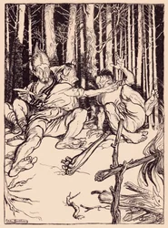 Obr dal tomu, kdo seděl vedle něj, krabičku na ucho. Ilustrace Arthur Rackham z Grimm