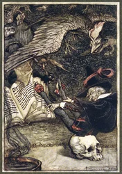 Malý muž se posadil do středu kruhu na velkou lebku z hospody The Ingoldsby Legends. 1907