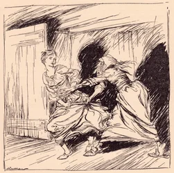Stará žena ji chytila za šaty a snažila se ji držet. Ilustrace Arthur Rackham z Grimm